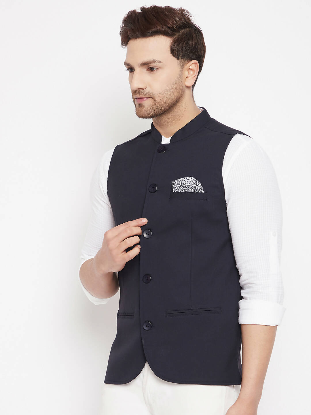 Even Apparels Navy Merino Men's Nehru Jacket-Contrast Lining-Inbuilt Pocket Square | Swadesiicart
