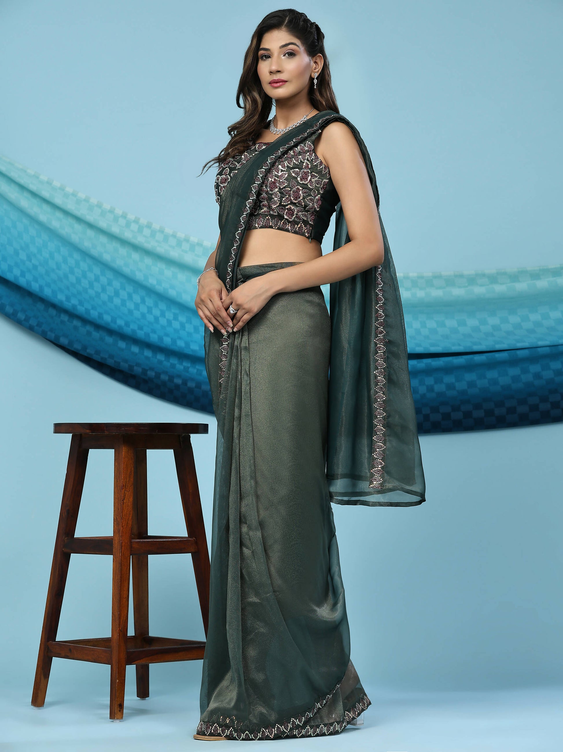 Green Lycra Shimmer Pattern Ready to Wear Saree with stitched Blouse - Nirvana | Swadesiicart