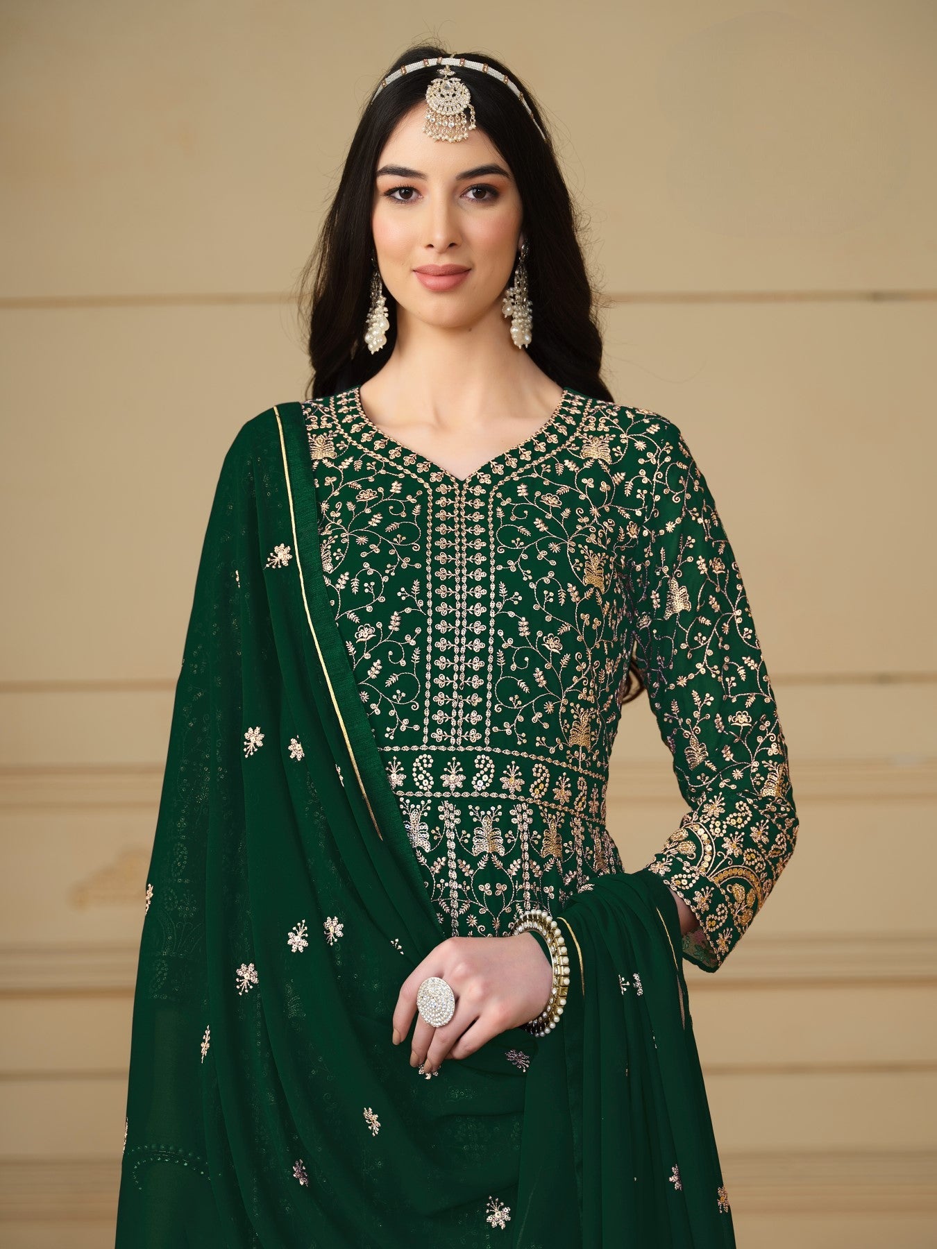Anaita Green Embroidered Faux Georgette Anarkali Suit
