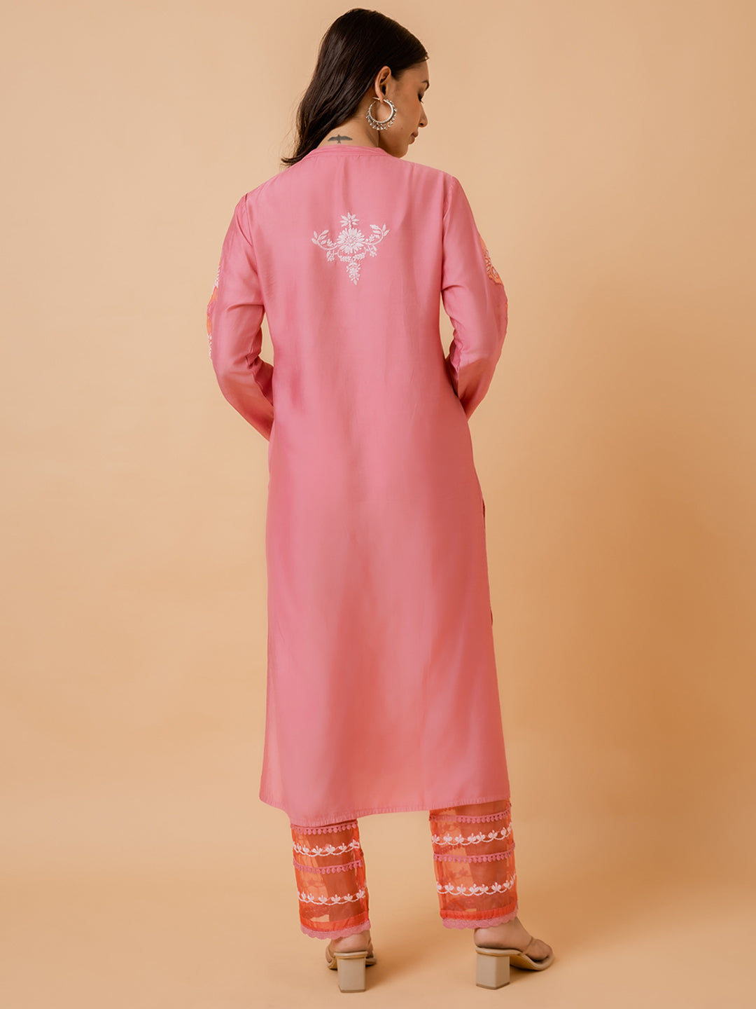 HOUSE OF KARI Ethnic Motifs Embroidered Chikankari Straight Chanderi Silk Kurta | Swadesiicart