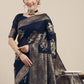 Saree Mall Navy Blue Floral Linen Blend Banarasi Saree | Swadesiicart