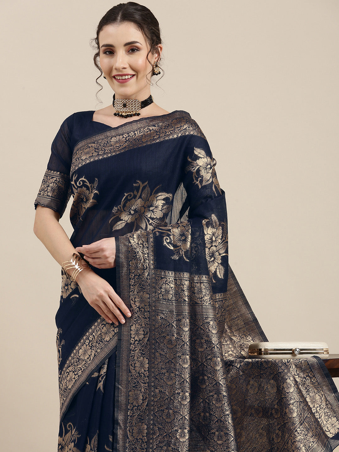 Saree Mall Navy Blue Floral Linen Blend Banarasi Saree | Swadesiicart