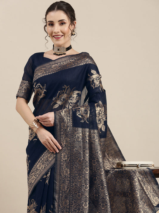 Saree Mall Navy Blue Floral Linen Blend Banarasi Saree | Swadesiicart