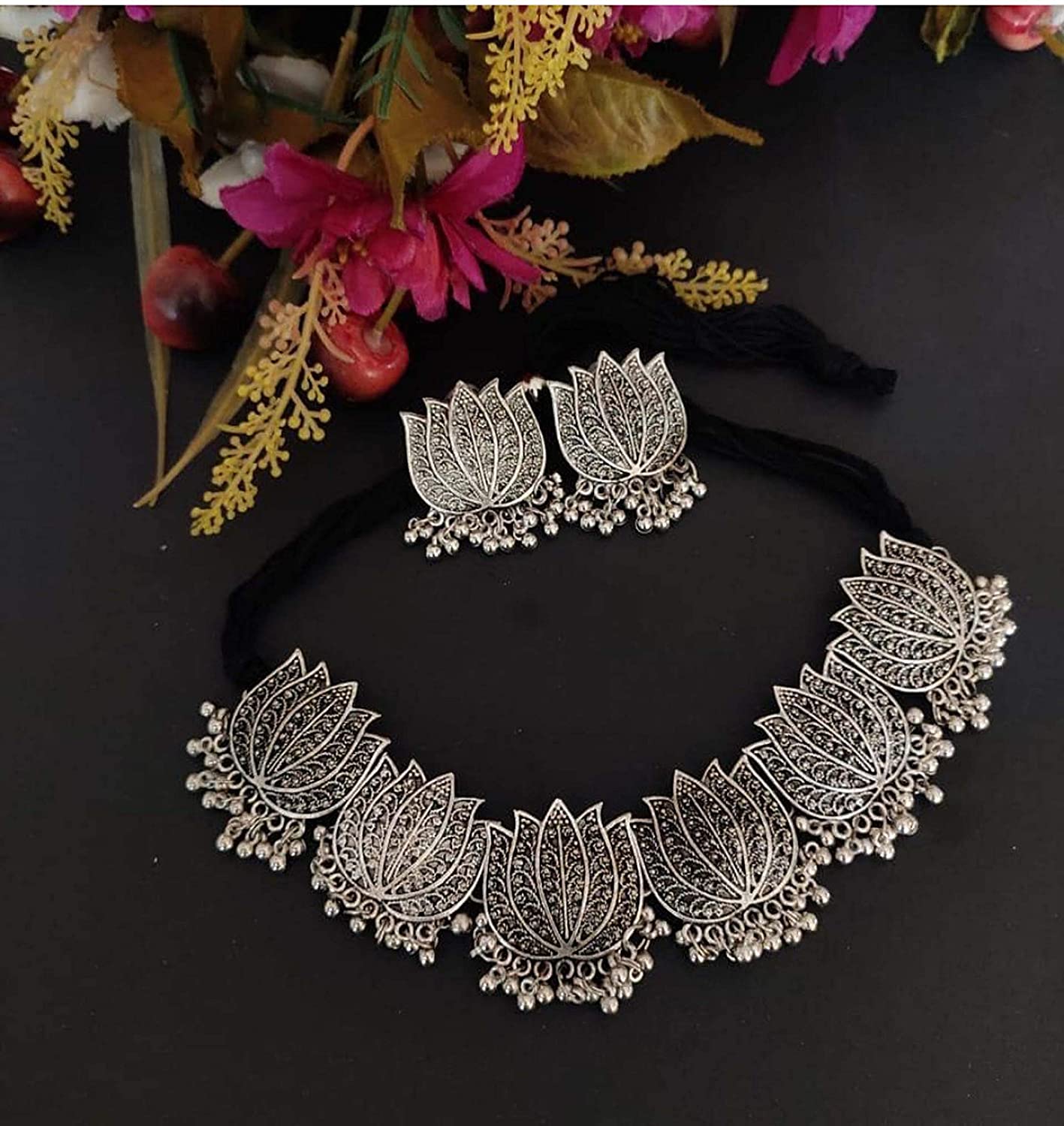 Silver-Plated Alloy Oxidised Lotus Petals Necklace - The Pari | Swadesiicart