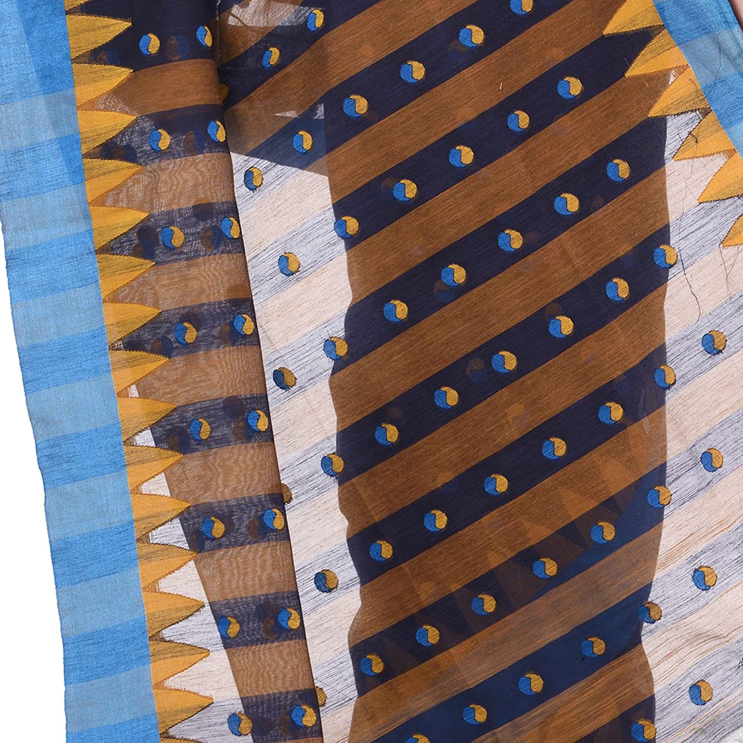 Desh Bidesh Women's Traditional Bengali Handloom Tant Pure Cotton Saree Khadi Bicolor Ball Temple Par Designed With Blouse Piece | Swadesiicart