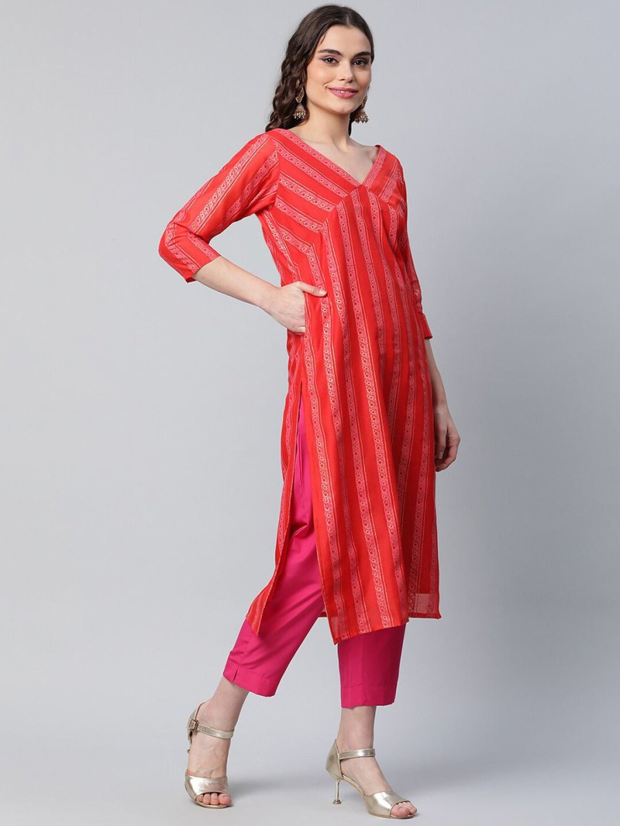 Ahalyaa Women Red Striped Kurta with Trousers | Swadesiicart