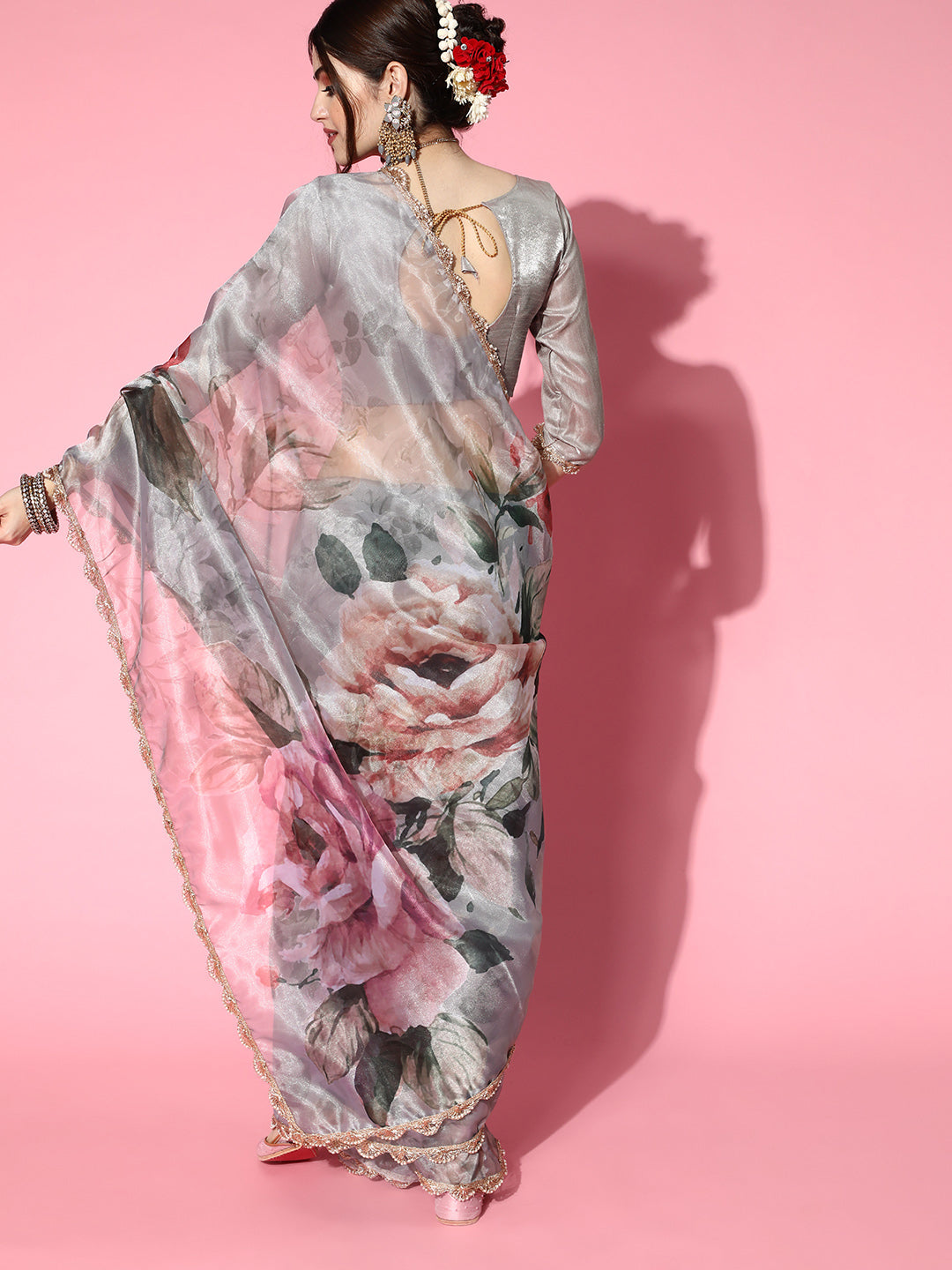 Tikhi Imli Grey Saree with Zari border | Swadesiicart