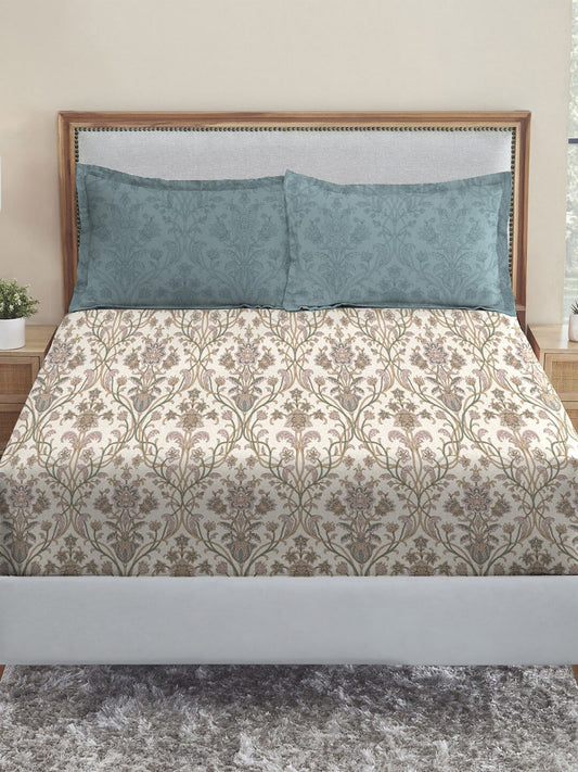 MYTRIDENT Dusk and Dawn Beige Printed Pure Cotton 144 TC Queen Bedsheet 2 Pillow Covers - Swadesiicart