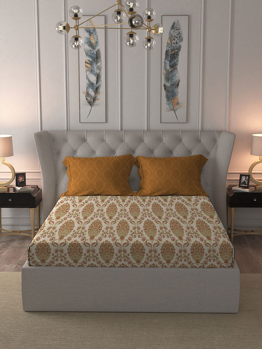 MYTRIDENT Celebration Cream-Coloured Ethnic Cotton 144 TC Queen Bedsheet & 2 Pillow Covers - Swadesiicart
