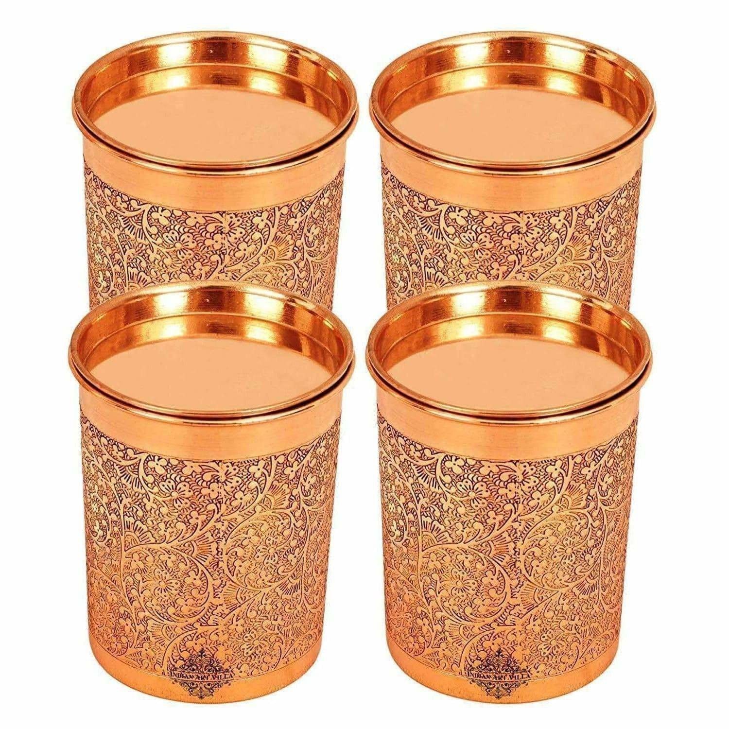 Copper Glass Tumbler with Lid Embossed Design - Swadesiicart