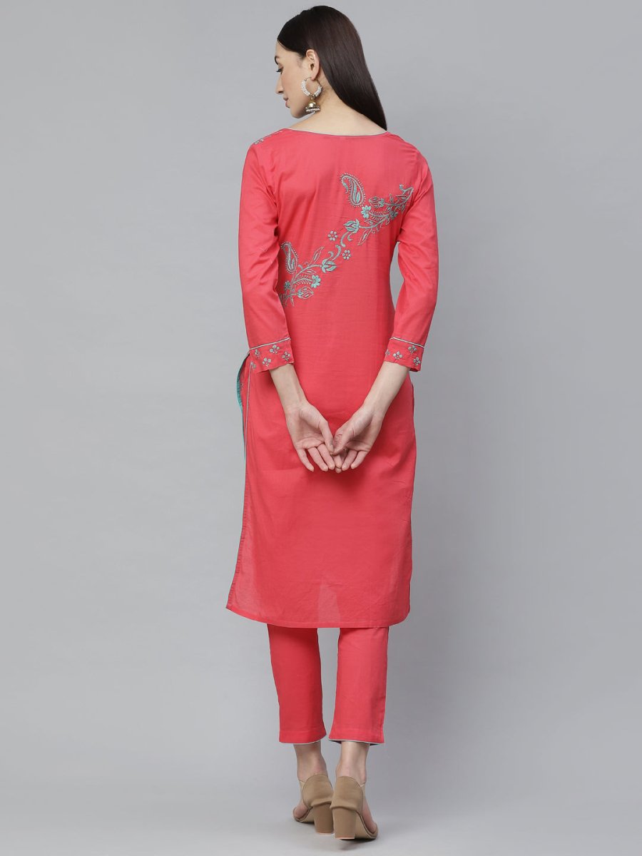 ADA Women Pink & Blue Chikankari Hand Embroidered Sustainable Handloom Kurta with Trousers | Swadesiicart