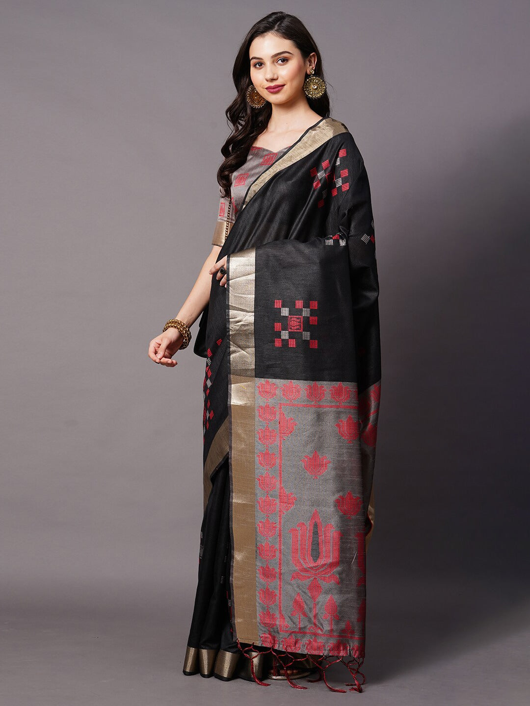 Mitera Black & Red Ethnic Motifs Silk Cotton Banarasi Saree | Swadesiicart