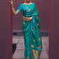 Mitera Teal & Gold-Toned Bagh Pure Silk Banarasi Saree | Swadesiicart