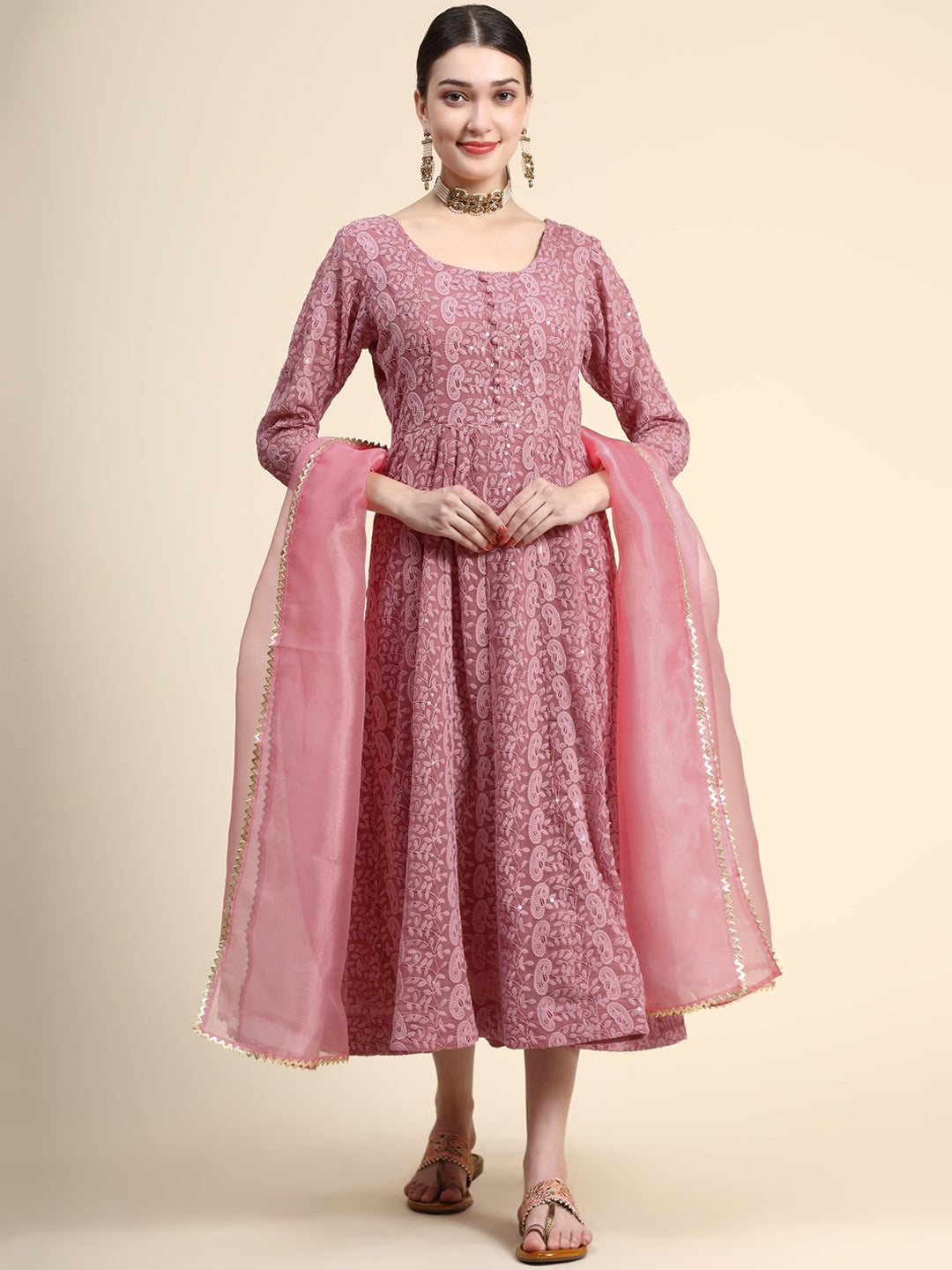 Kalini Paisley Embroidered Chikankari Georgette Anarkali Kurta With Dupatta Set | Swadesiicart