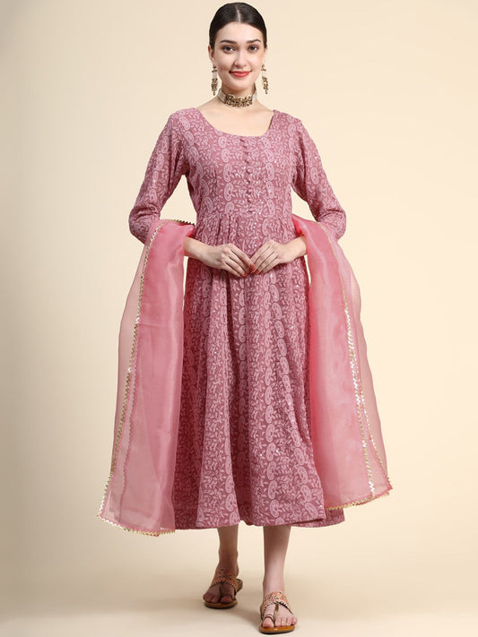 Kalini Paisley Embroidered Chikankari Georgette Anarkali Kurta With Dupatta Set | Swadesiicart