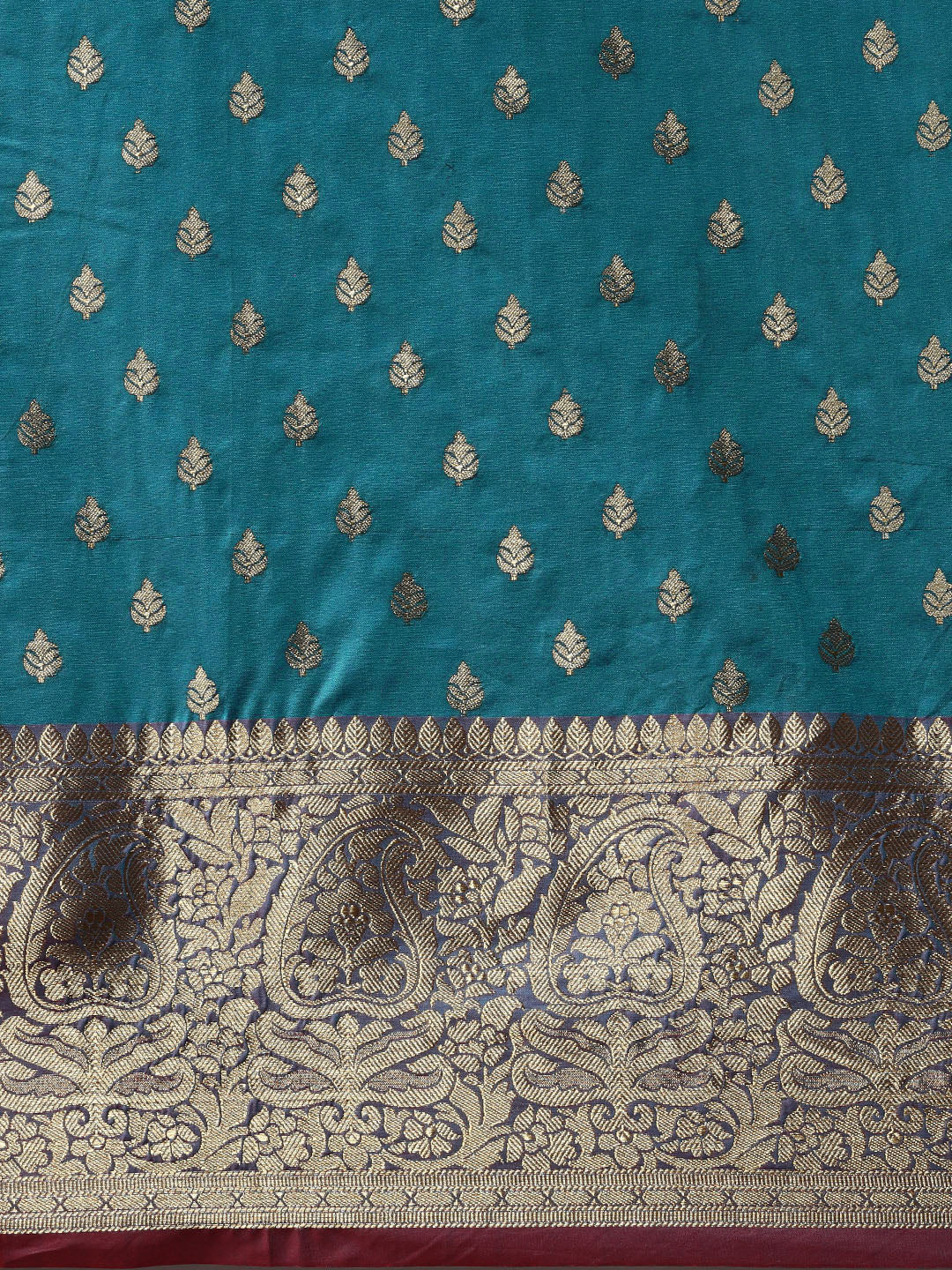 Mitera Teal Blue & Golden Ethnic Motifs Banarasi Saree with Zari Border | Swadesiicart