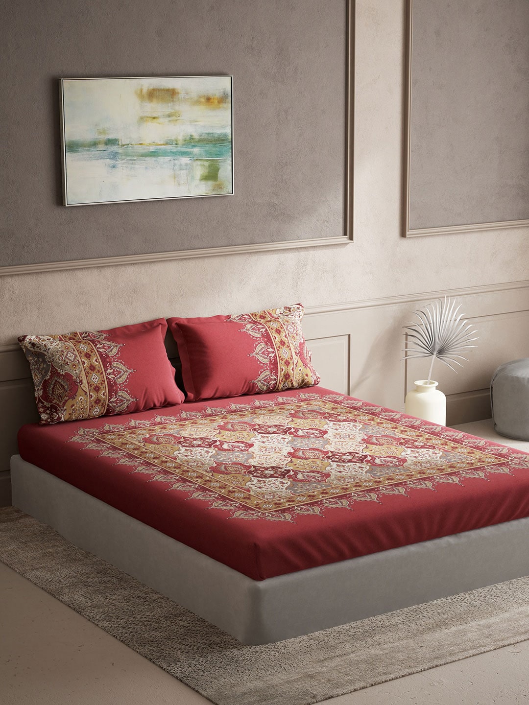 DDecor Red & White Ethnic Motifs Cotton 140 TC King Bedsheet with 2 Pillow Covers - Swadesiicart
