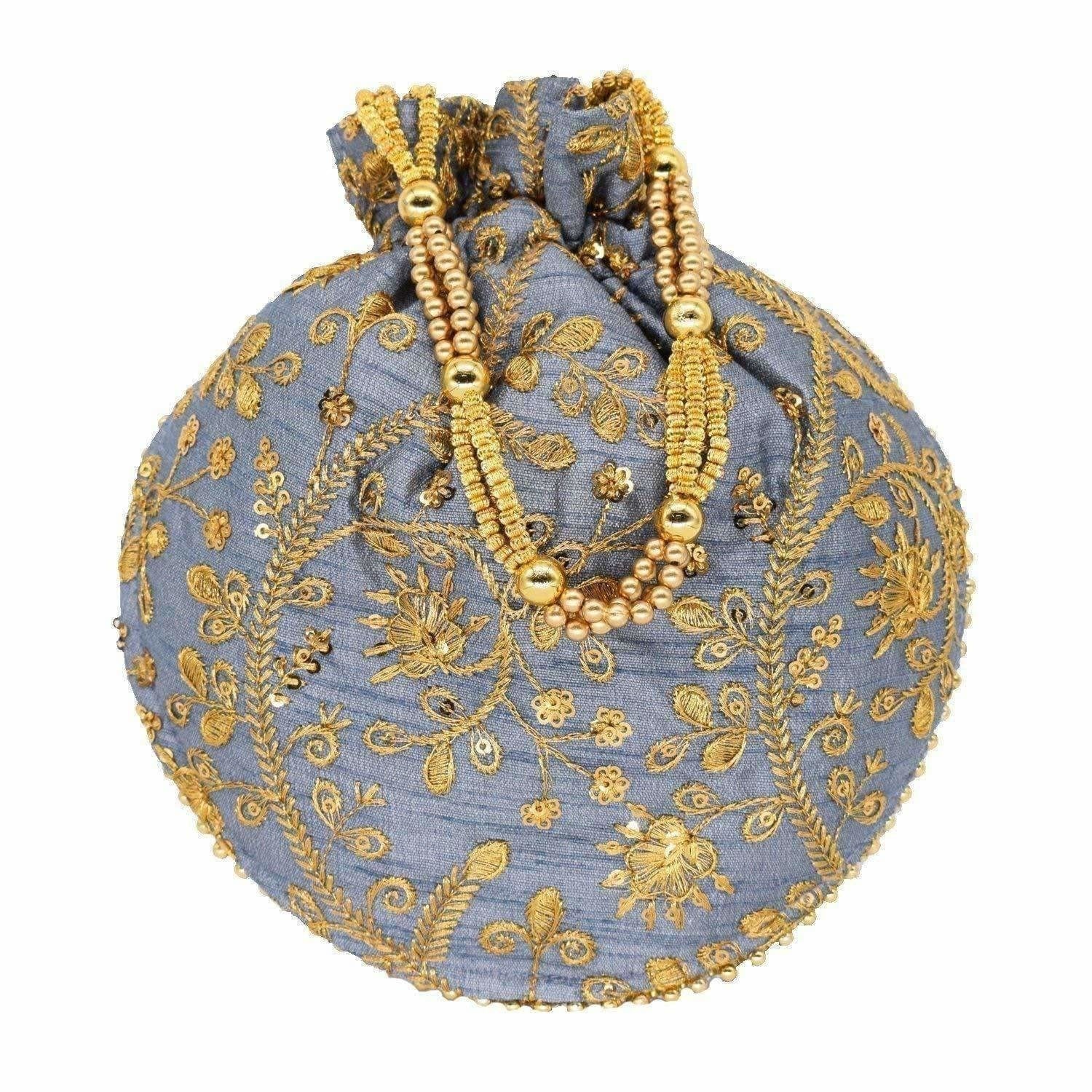 Ethnic Clutch Silk Potli Batwa Pouch Bag with Metal Bead work Gift - Swadesiicart