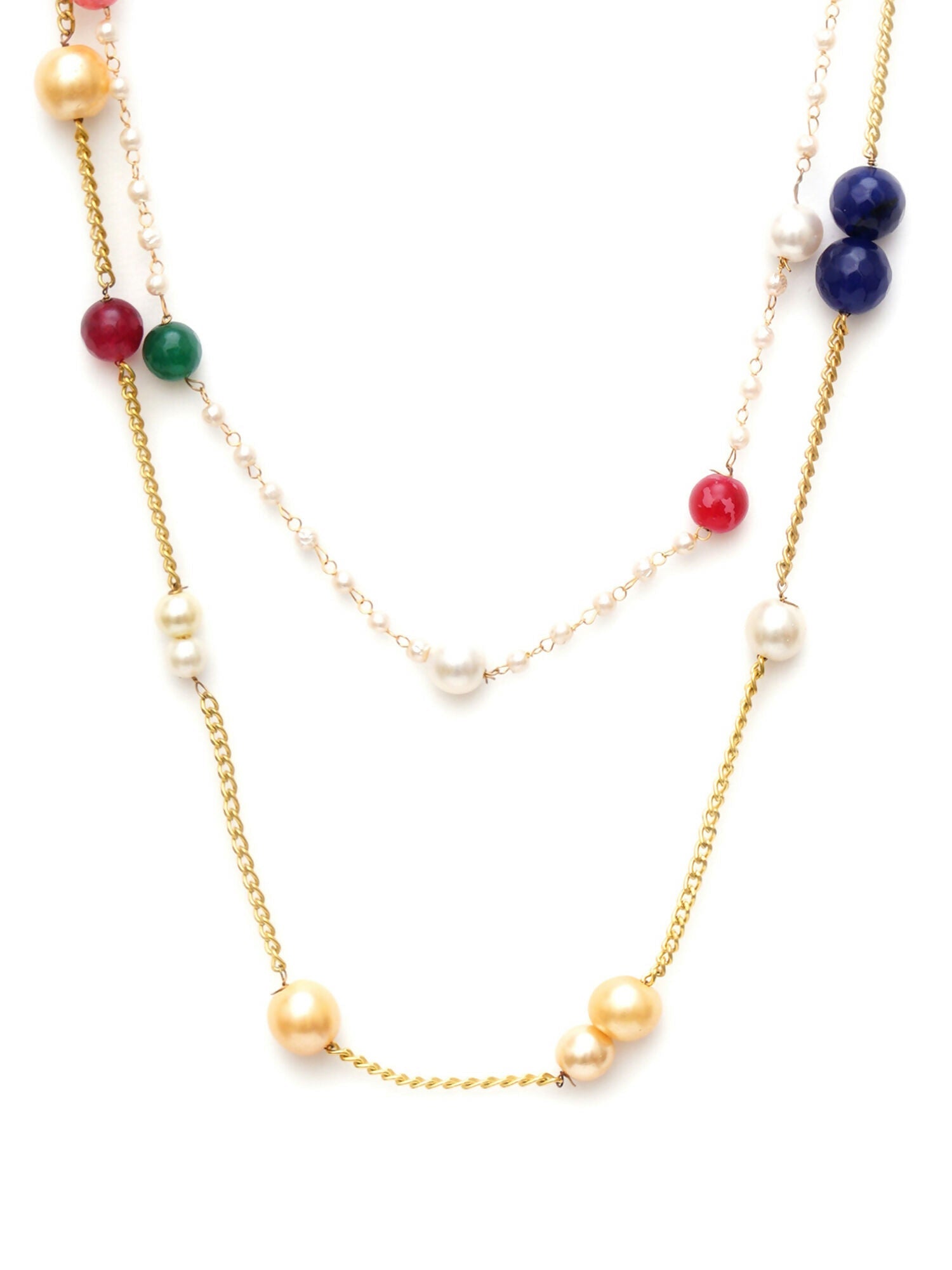 Layered Pearl and Gold Neckpiece with Multi Stones (Multi Color) - Ruby Raang | Swadesiicart