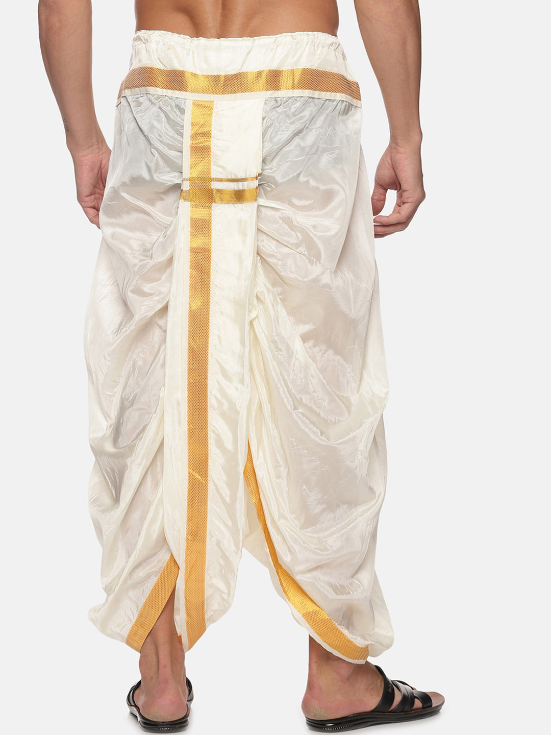Sethukrishna Men Cream-Coloured & Gold-Coloured Solid Art Silk Dhoti Pants | Swadesiicart