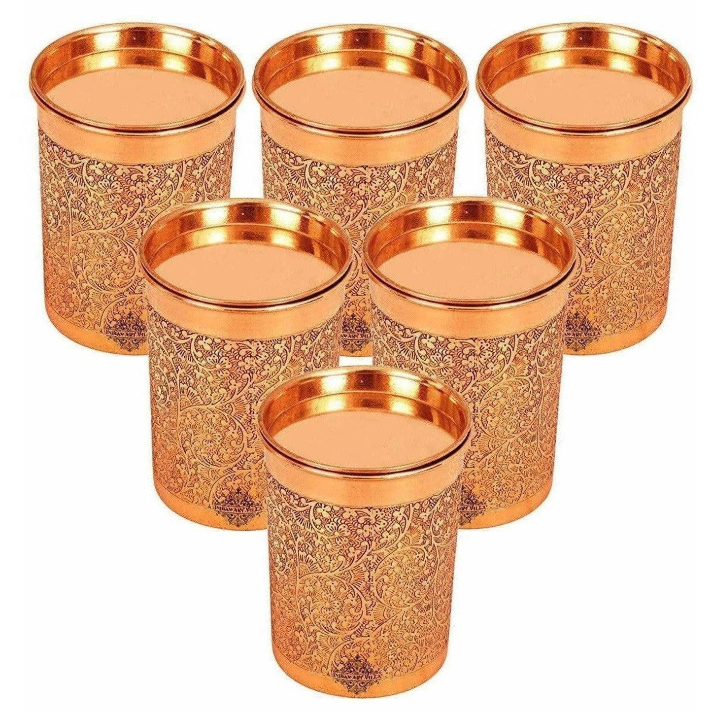 Copper Glass Tumbler with Lid Embossed Design - Swadesiicart