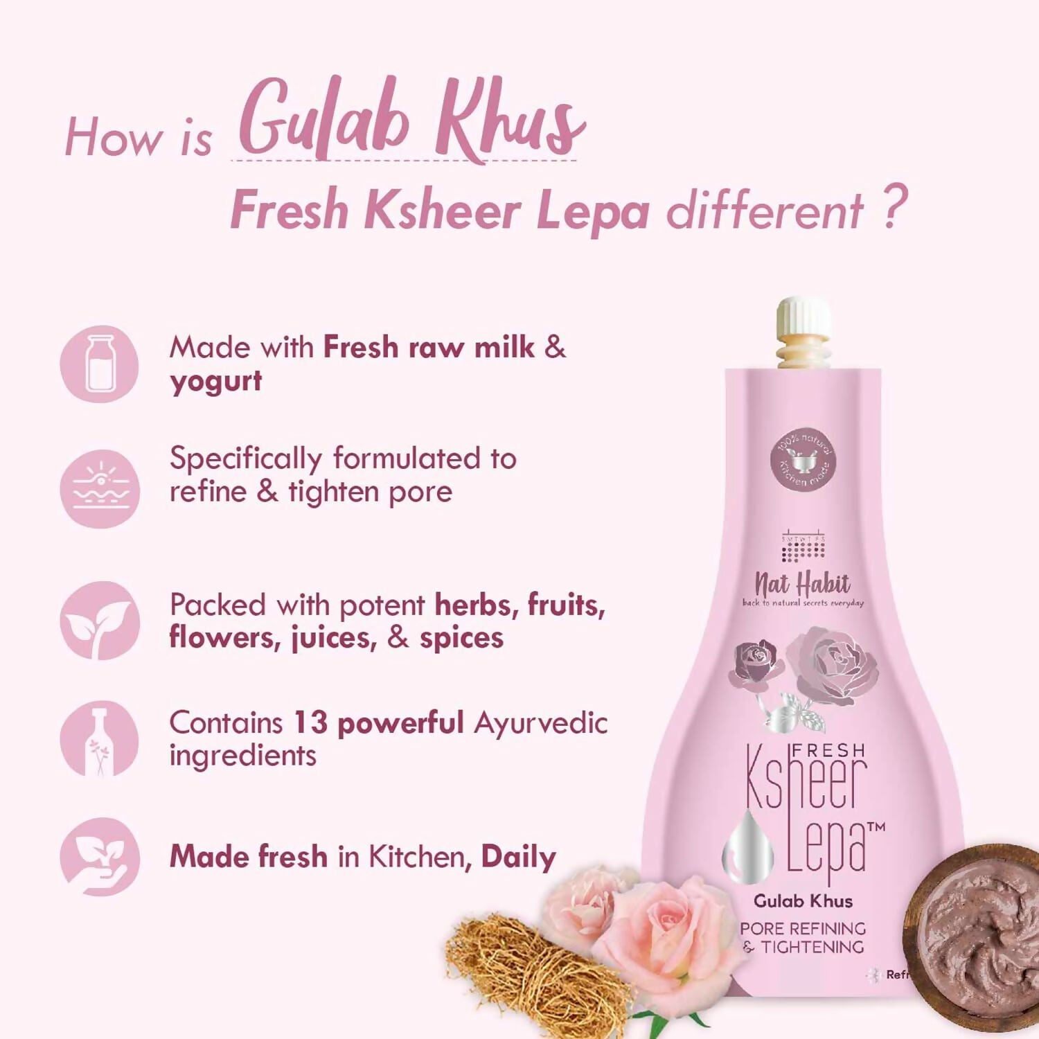 Nat Habit Fresh Gulab Khus Ksheer Lepa Face Mask For Pore Refining, Tightening - Swadesiicart