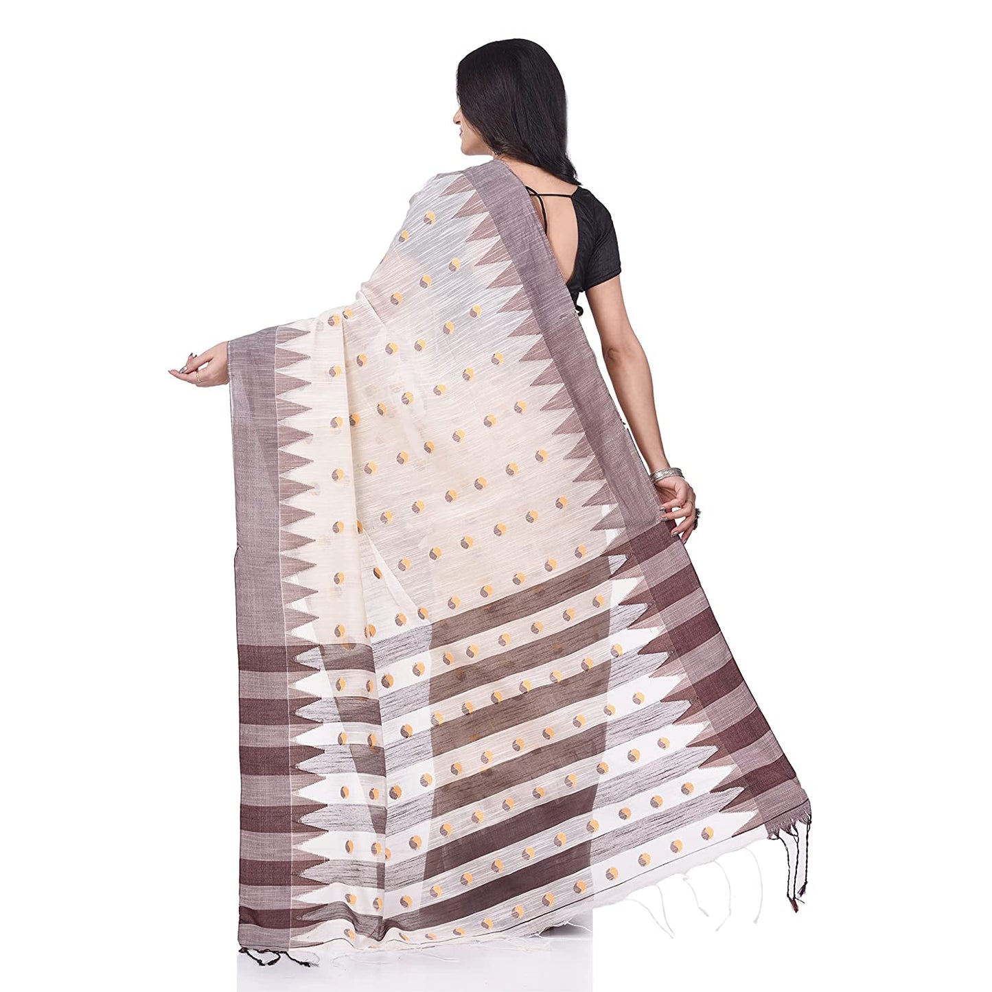 Desh Bidesh Women's Traditional Bengali Handloom Tant Pure Cotton Saree Khadi Bicolor Ball Temple Par Designed With Blouse Piece | Swadesiicart