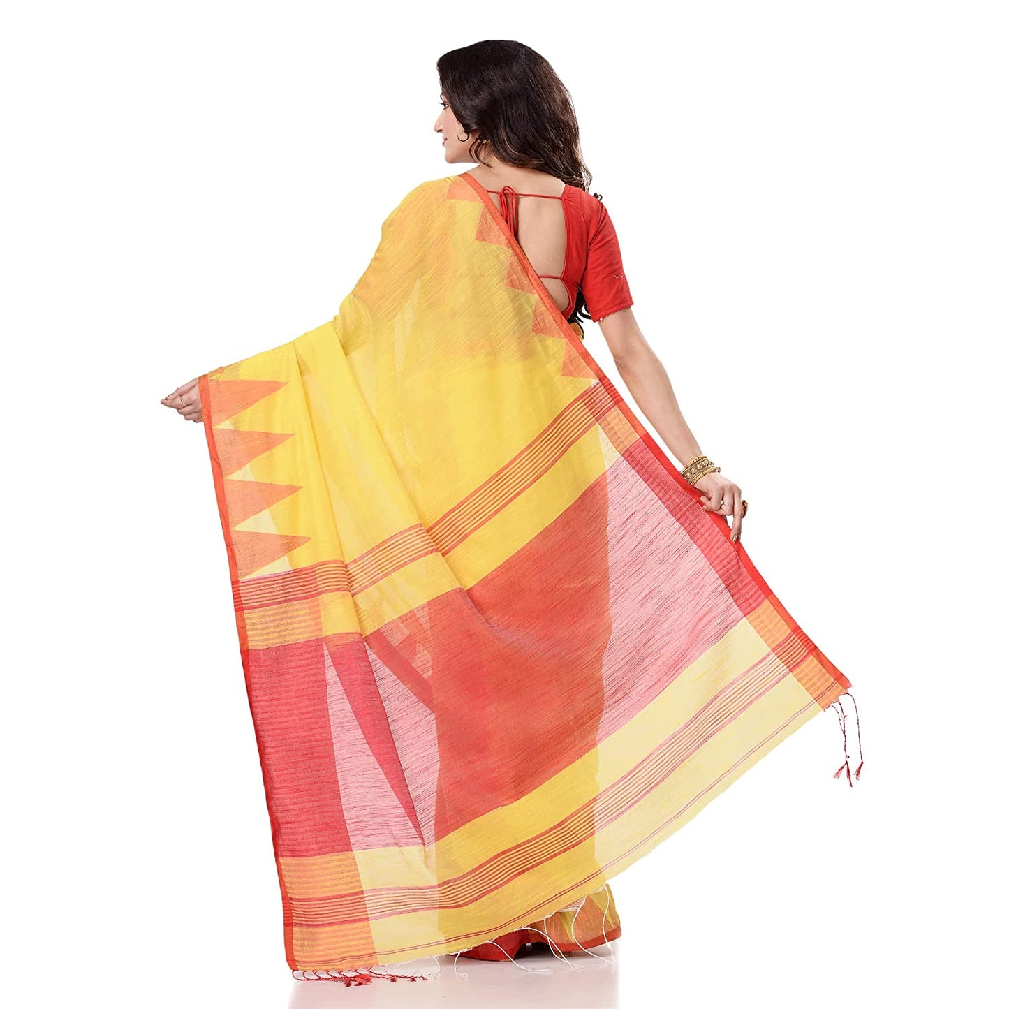 Desh Bidesh Women's Traditional Bengali Handloom Tant Pure Cotton Saree Khadi Temple Par Desigined With Blouse Piece | Swadesiicart