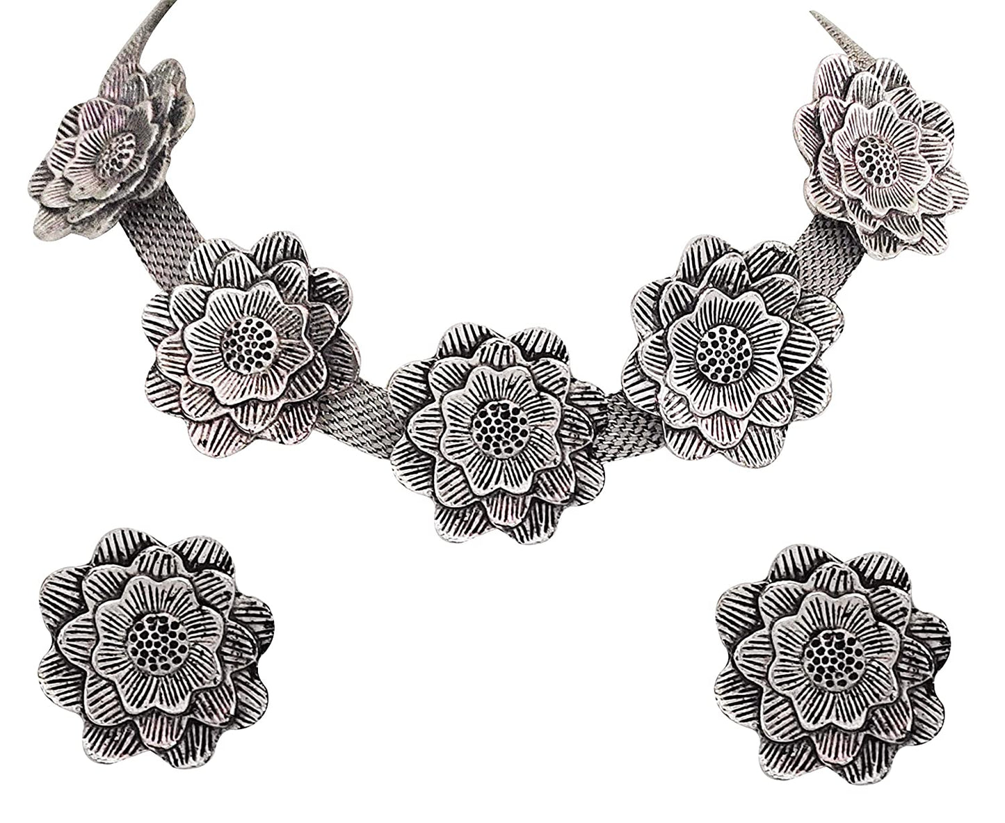 Silver-Plated Alloy Oxidised Rose Shape Necklace - The Pari | Swadesiicart