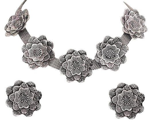 Silver-Plated Alloy Oxidised Rose Shape Necklace - The Pari | Swadesiicart