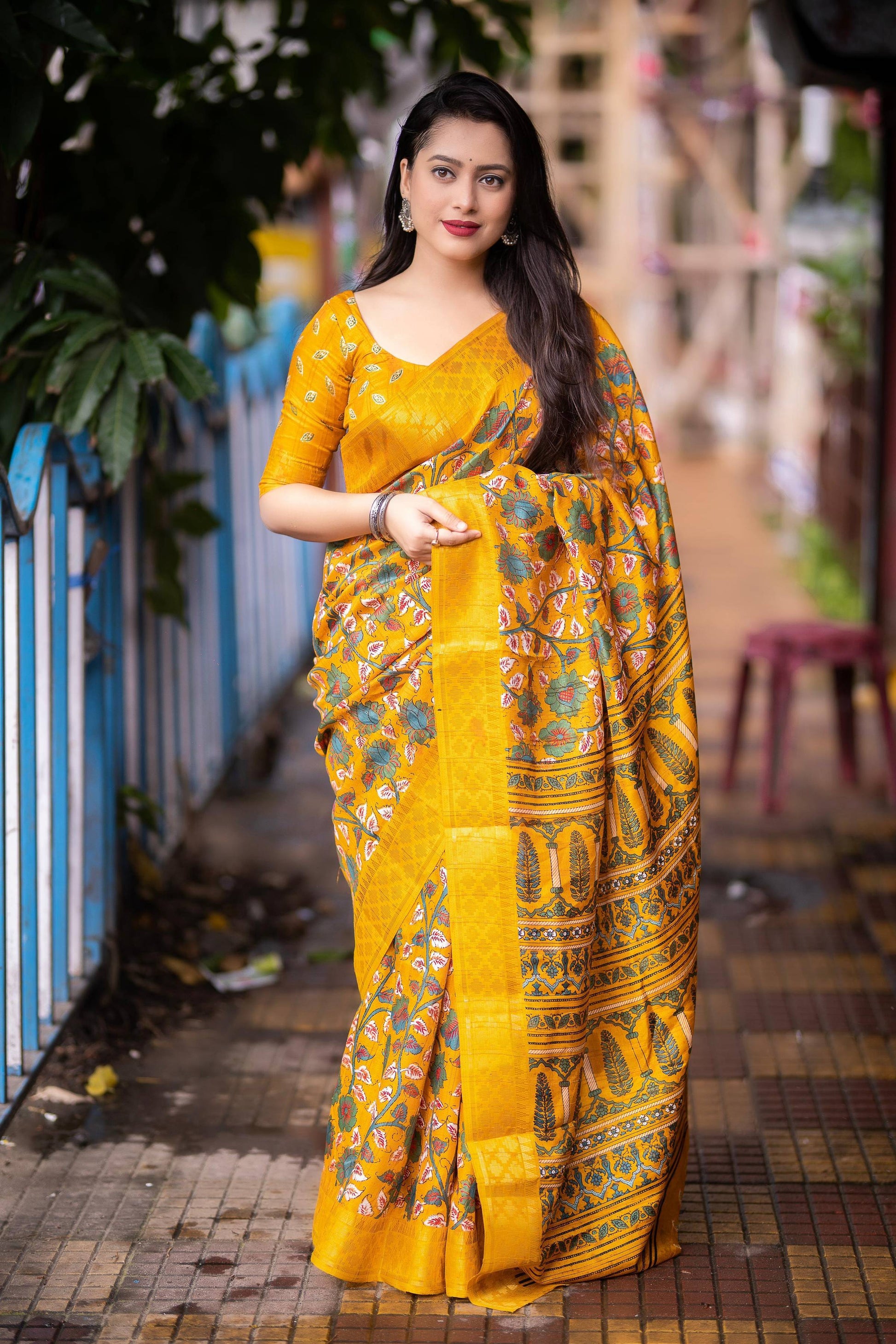 Mustard Slub Silk Printed Saree with Unstitched Blouse - Hiral Fashion | Swadesiicart