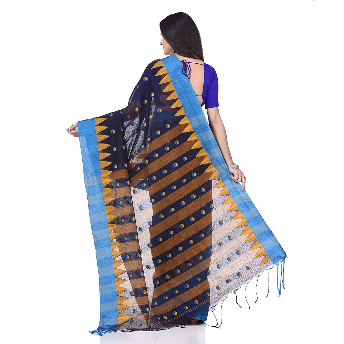 Desh Bidesh Women's Traditional Bengali Handloom Tant Pure Cotton Saree Khadi Bicolor Ball Temple Par Designed With Blouse Piece | Swadesiicart