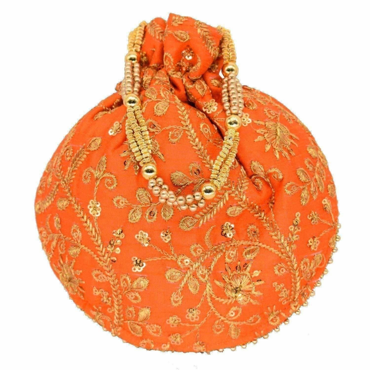 Ethnic Clutch Silk Potli Batwa Pouch Bag with Metal Bead work Gift - Swadesiicart