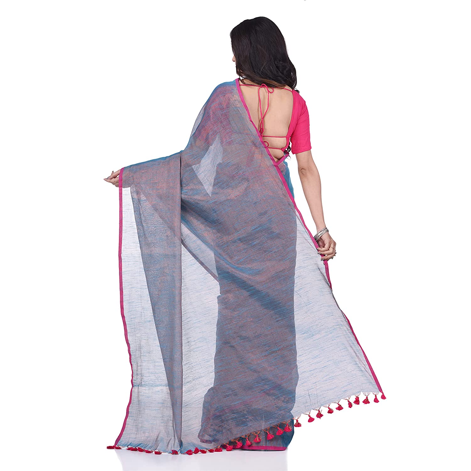 Desh Bidesh Women's Bengal Mayurkonthi Color Changer Tissue Khadi Pure Handloom Cotton Saree With Blouse Piece | Swadesiicart