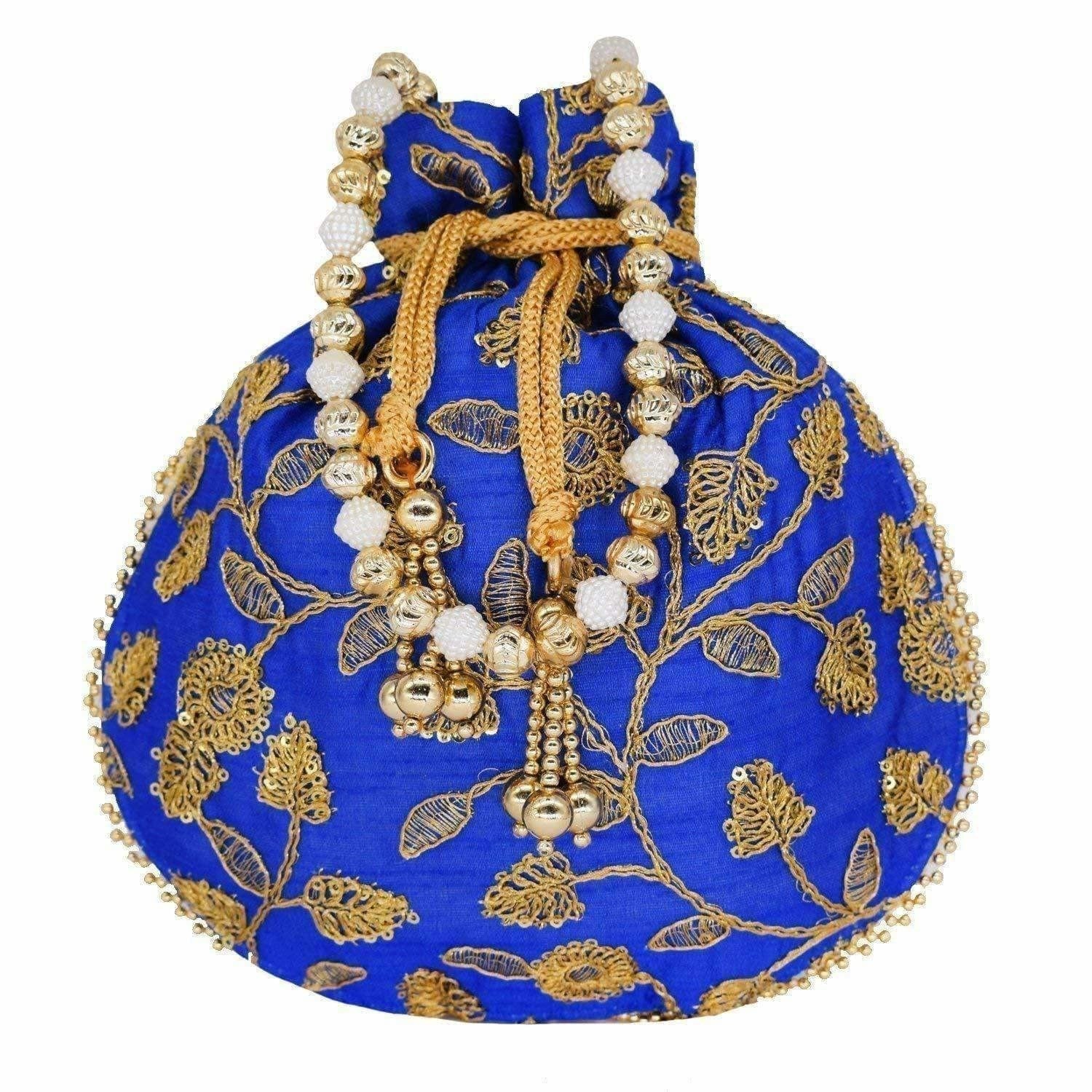 Ethnic Silk Potli bag Clutch Batwa Pouch with Embroidery and Metal Bead work Gift For Women - Swadesiicart