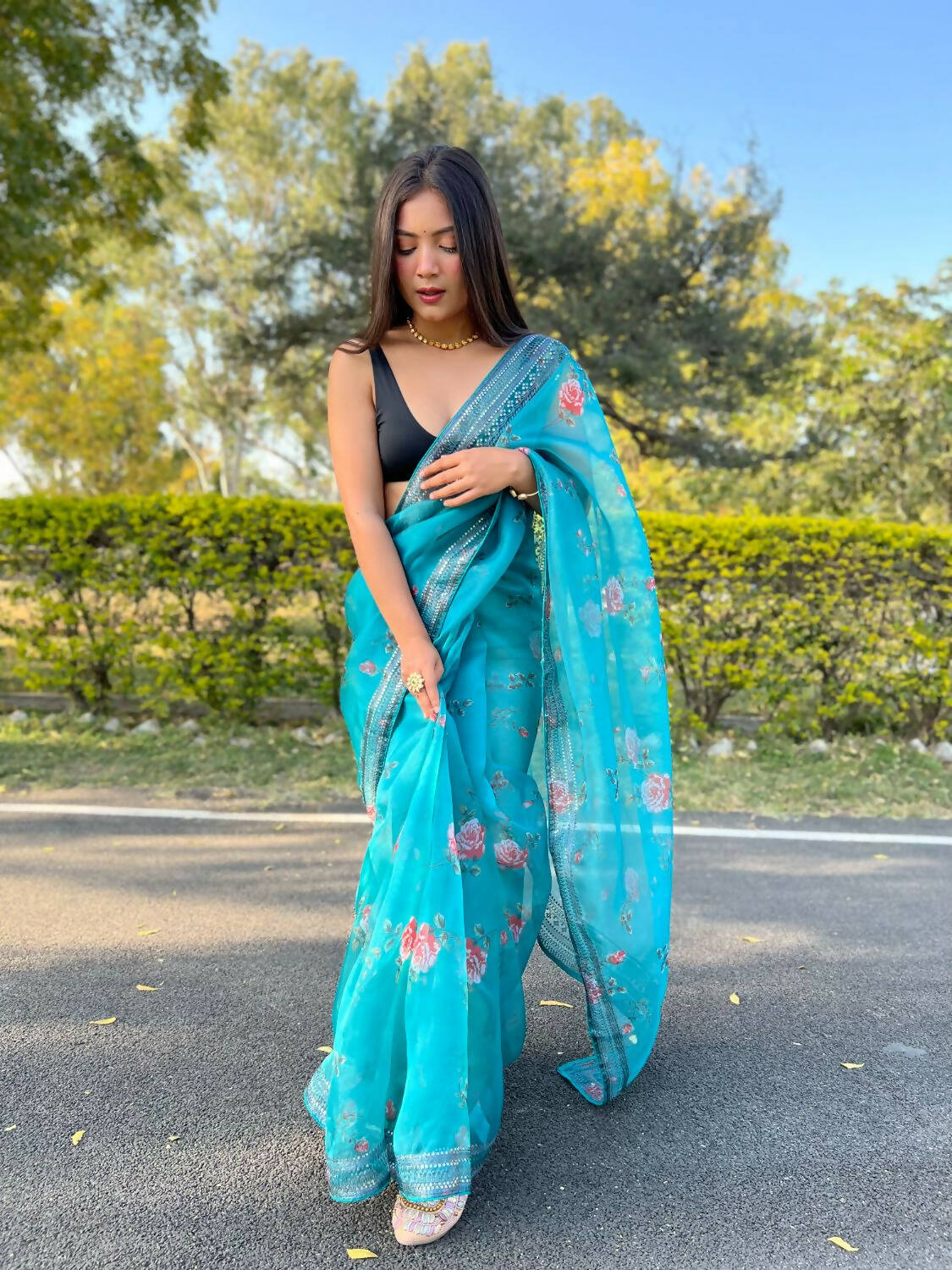 Vamsee Sky Blue Organza Saree - Swadesiicart