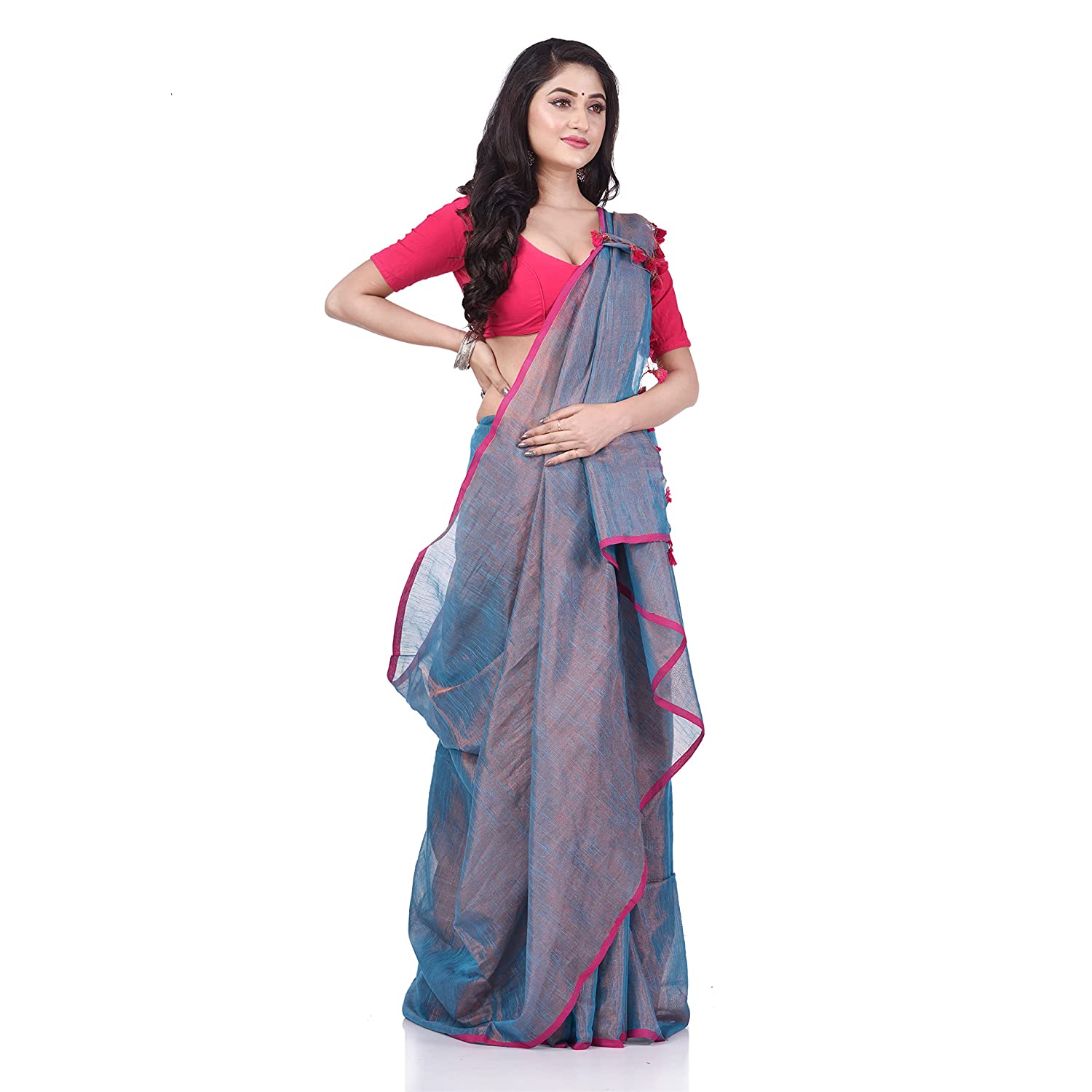 Desh Bidesh Women's Bengal Mayurkonthi Color Changer Tissue Khadi Pure Handloom Cotton Saree With Blouse Piece | Swadesiicart