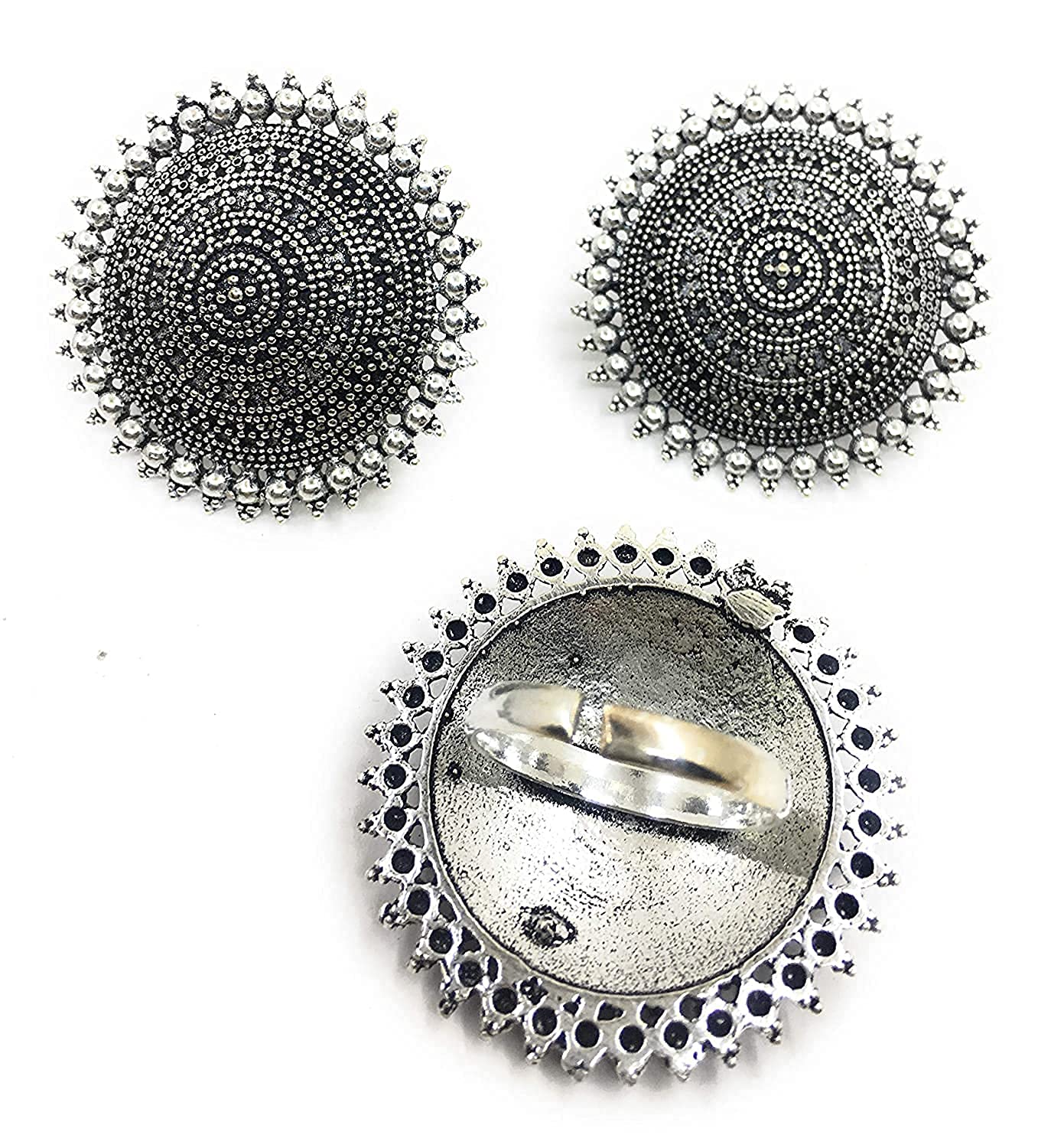 Silver-Plated Alloy Antique Silver Round Earrings With Ring - The Pari - Swadesiicart