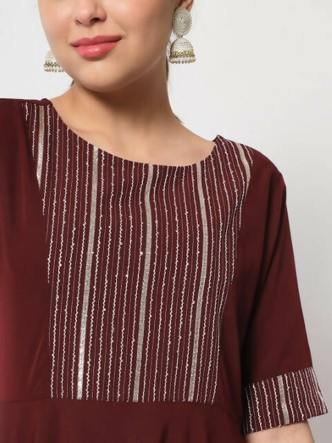 FIORRA Women's Maroon Poly Crepe Flared Kurta With Dupatta - Swadesiicart