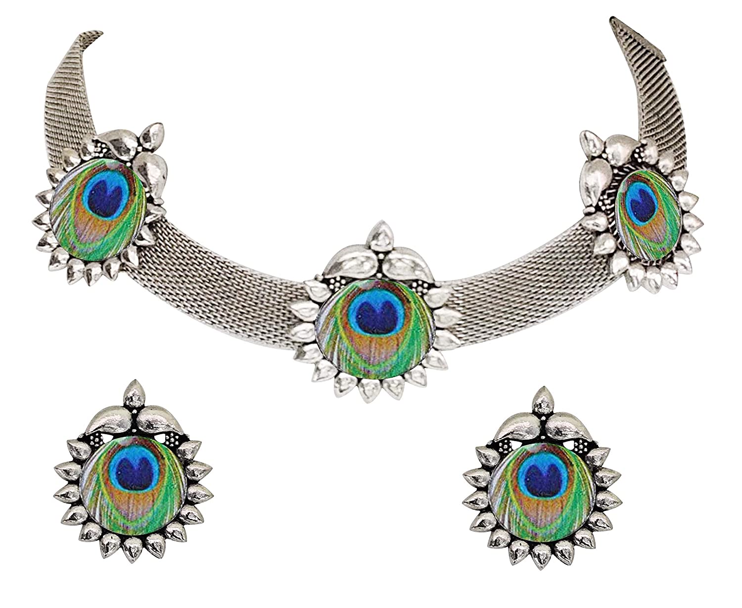 Silver-Plated Alloy Epoxy Peacock Oxidised Necklace - The Pari | Swadesiicart