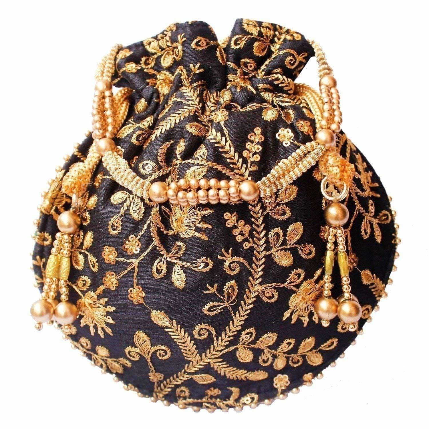 Ethnic Clutch Silk Potli Batwa Pouch Bag with Metal Bead work Gift - Swadesiicart