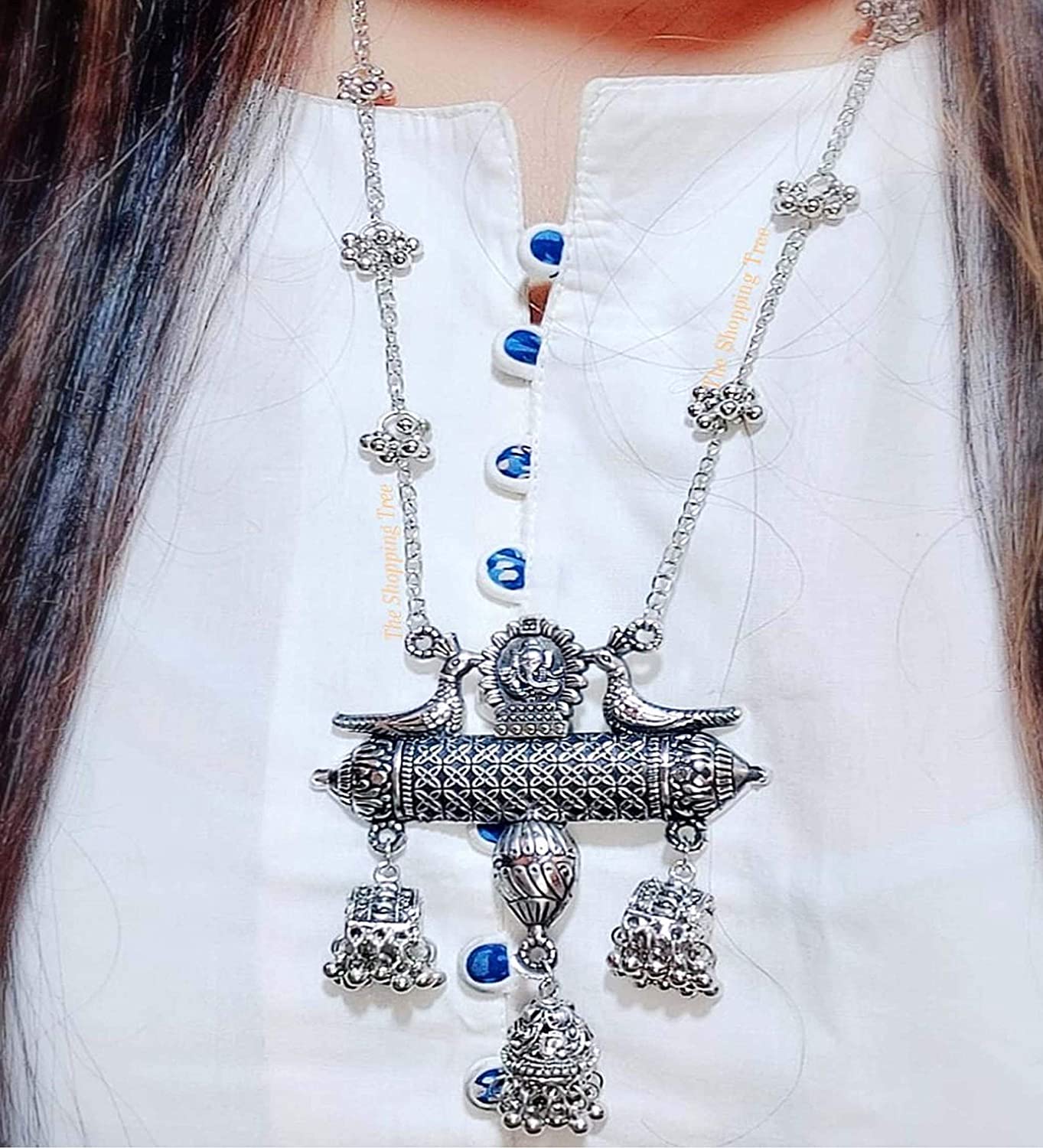 Silver-Plated Alloy Long Designer Oxidised Necklace - The Pari | Swadesiicart