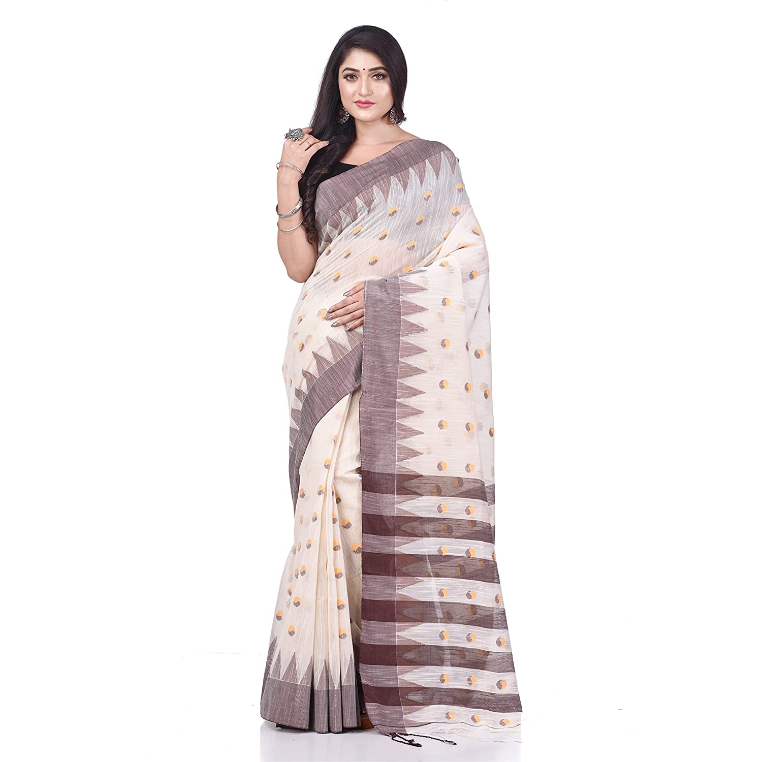 Desh Bidesh Women's Traditional Bengali Handloom Tant Pure Cotton Saree Khadi Bicolor Ball Temple Par Designed With Blouse Piece | Swadesiicart