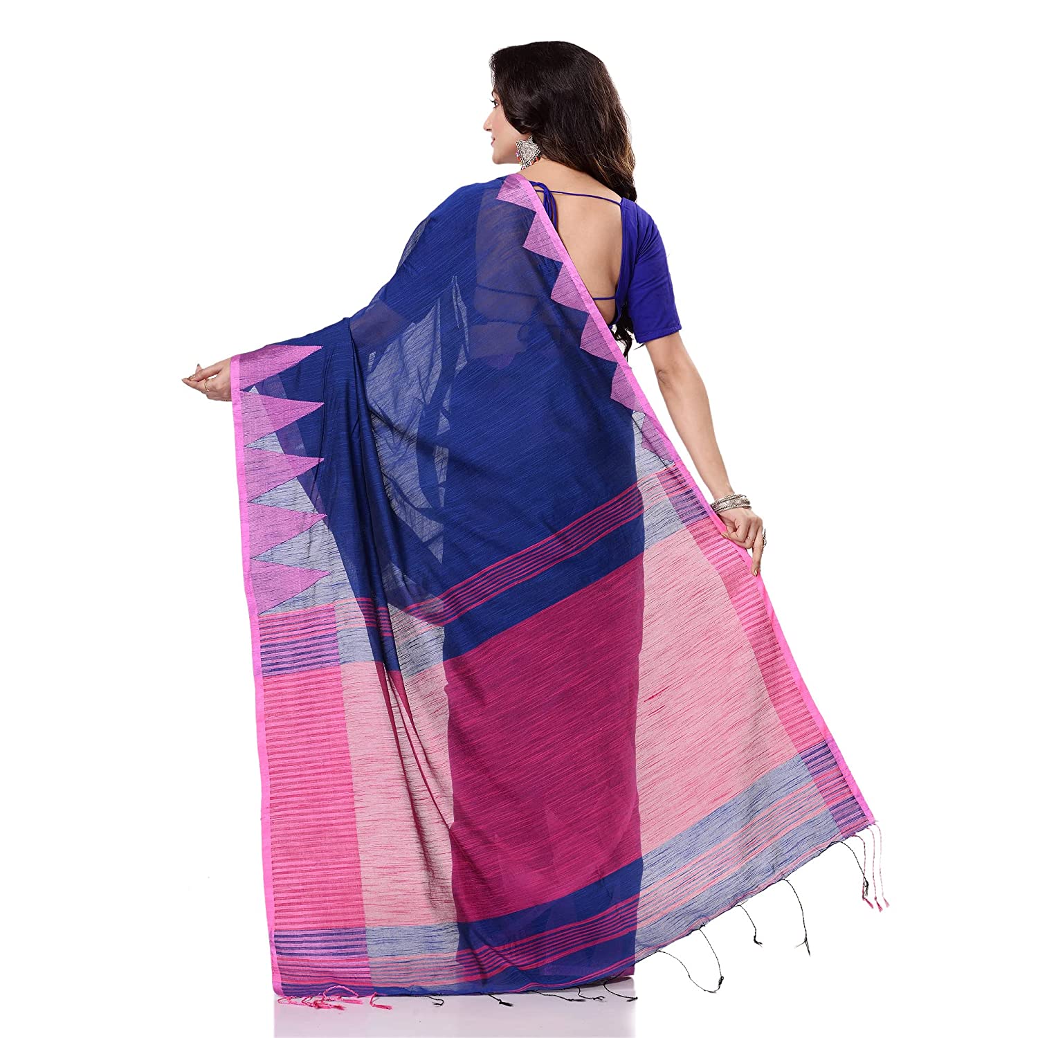 Desh Bidesh Women's Traditional Bengali Handloom Tant Pure Cotton Saree Khadi Temple Par Designed With Blouse Piece | Swadesiicart