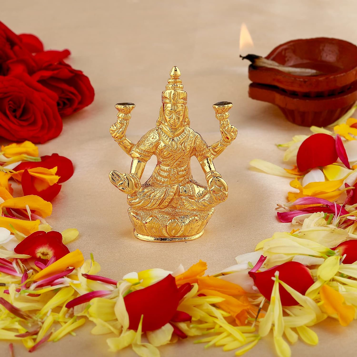 Estele Gold-Polished goddess of wealth Laxmi Devi on lotus Idol for Home/Car decor - Swadesiicart