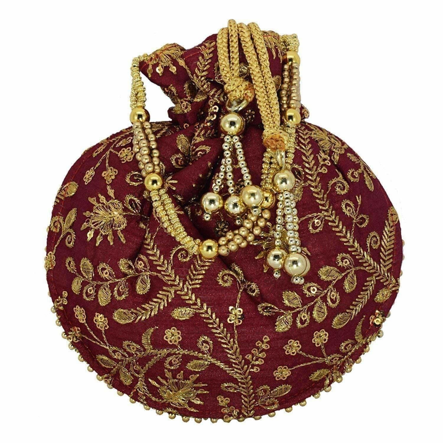Ethnic Clutch Silk Potli Batwa Pouch Bag with Metal Bead work Gift - Swadesiicart
