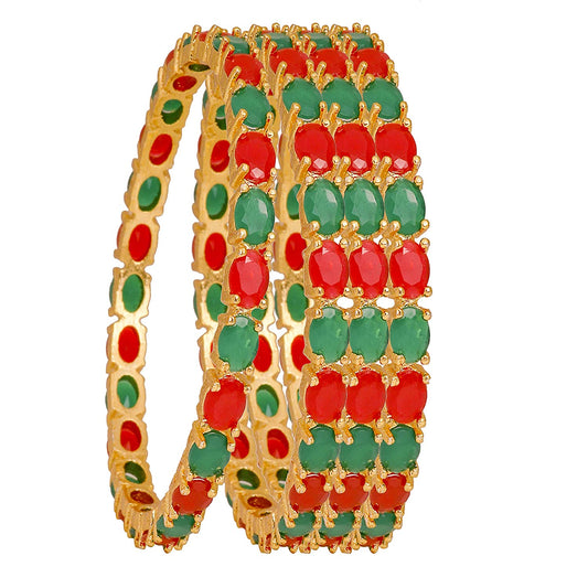Gold-Polished Alloy Designer Red Green Combo Of Ad Bangles - The Pari - Swadesiicart