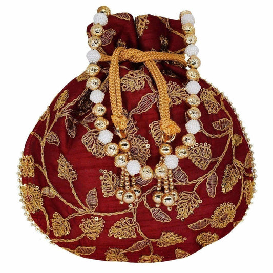 Ethnic Silk Potli bag Clutch Batwa Pouch with Embroidery and Metal Bead work Gift For Women - Swadesiicart