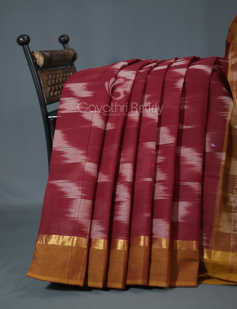 Dual Shades of Maroon And Chikoo Mangalagiri Ikkat Cotton Saree By Gayathri Reddy Designer Studio | Swadesiicart