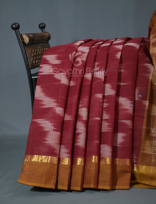 Dual Shades of Maroon And Chikoo Mangalagiri Ikkat Cotton Saree By Gayathri Reddy Designer Studio | Swadesiicart